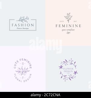 Abstract Feminine Vector Signs or Logo Templates Set. Retro Floral Illustration with Classy Typography. Premium Quality Flower Emblems for Beauty Stock Vector