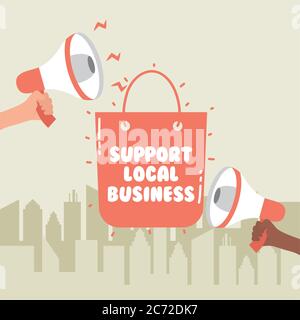 support local business campaign with shopping bag and megaphones vector illustration design Stock Vector