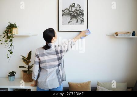 Rear view of young woman doing housework in the room she wiping the dust with rag from the picture Stock Photo