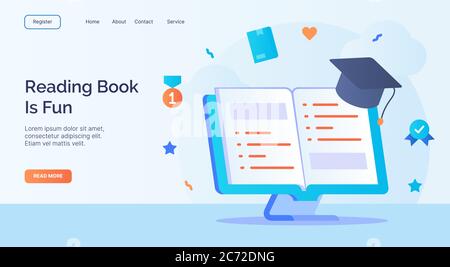 Reading book is fun open book toga icon campaign for web website home homepage landing template banner with cartoon flat style. Stock Vector