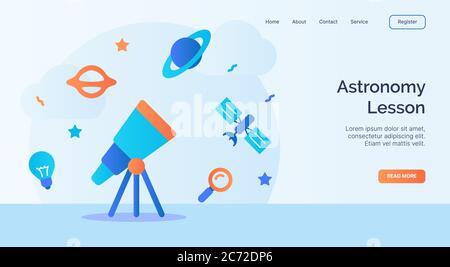 Astronomy lesson telescope satellite space icon campaign for web website home homepage landing template banner with cartoon flat style. Stock Vector