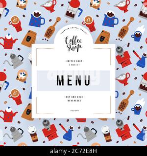 Coffee shop menu design, vector frame template with coffee drinks illustrations for restaurant menu cover, design with logo and copy space for text Stock Vector