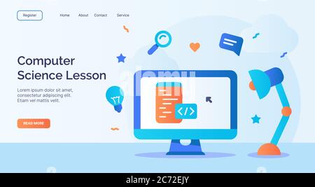 computer science lesson or programming class video course for web website home homepage landing template banner with cartoon flat style Stock Vector