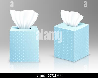 Paper napkin boxes, open packages with tissue wipes front and side view. Hygiene accessories, blue carton packages with polka dots pattern isolated on grey background, realistic 3d vector illustration Stock Vector