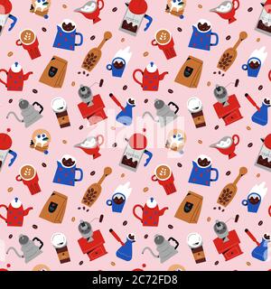 Coffee seamless pattern, vector ornament with colorful doodle illustratios of coffee shop drinks, tools and utensils, decorative hand drawn background Stock Vector