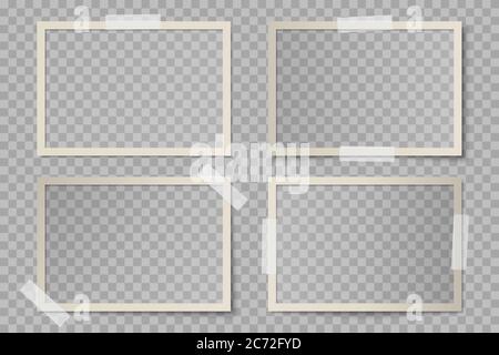 Vector set of beige rectangular photo card frames with various lighting effect and shadows on transparent background. Collection of glued with adhesiv Stock Vector