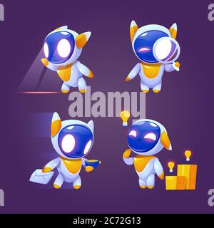Cute robot character in different poses. Vector set of cartoon chat bot, funny electronic cyborg looks through magnifying glass, delivers mail, thinks about idea. Creative emoji set, smart mascot Stock Vector