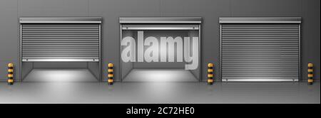Gate with metal rolling shutter in gray wall. Vector realistic illustration of hallway in commercial garage or warehouse with closed and open roller up blinds. Building facade with automatic doors Stock Vector