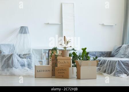 Image of signed boxes with things o the floor in new house Stock Photo