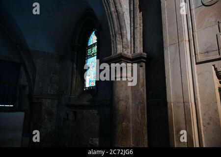 Stone pillars in cenacle building, city of Jerusalem Israel. Stock Photo