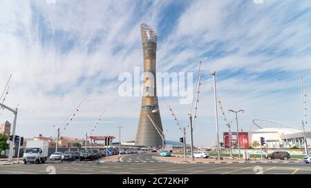 Doha, Qatar - February 2019: Aspire Tower, nicknamed Torch Doha, located in the Aspire Zone complex near the Khalifa International Stadium Stock Photo