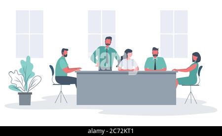 Office workers during the meeting. Employees are sitting at the table on a window background. Conference hall Stock Vector