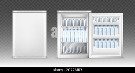 Small refrigerator with open and closed door. Vector realistic mockup of mini fridge for kitchen or restaurant full of plastic bottles with water and aluminum cans. White cooler for drinks Stock Vector