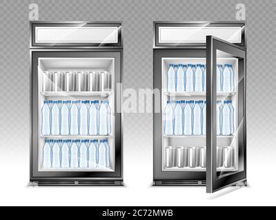 Mini refrigerator with water bottles and beverages, fridge with advertising digital display and transparent close and open glass door. Realistic 3d vector cooler with drinks on shelves front view Stock Vector