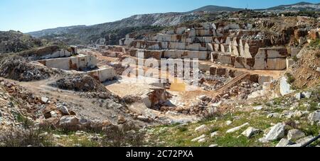 Panoramic view of marble quarry pit full of rocks and blocks in Marmara island, Balikesir, Turkey Stock Photo