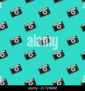 Retro camera seamless pattern in blue color, texture Stock Photo