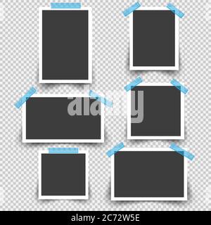 Blank photo frames with sticky tape isolated on transparent background, vector illustration Stock Vector