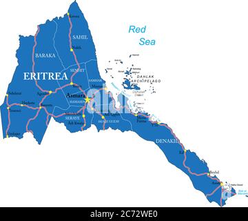 Highly detailed vector map of Eritrea with administrative regions, main cities and roads. Stock Vector