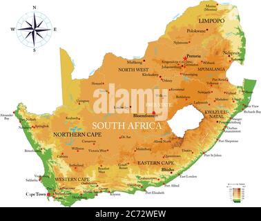 Highly detailed physical map of the South Africa, in vector format,with all the relief forms,regions and big cities. Stock Vector