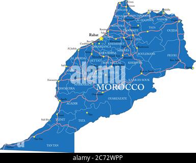 Highly detailed vector map of Morocco with administrative regions, main cities and roads. Stock Vector