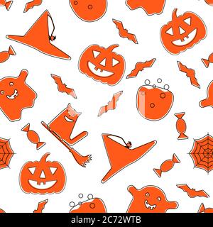 Seamless bright halloween pattern. Cartoon style pattern with ghost, pumpkin, broom, hat and cat Stock Vector