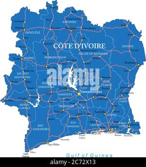 Highly detailed vector map of Cote d'Ivoire with administrative regions, main cities and roads. Stock Vector