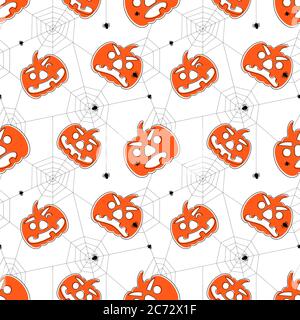 Seamless bright Halloween pattern. Cartoon style pattern with pumpkins, spiders and spider web Stock Vector