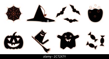 Set of black with orange outline Halloween icons. Orange outline funny halloween icons. Cartoon style icons ghost, pumpkin, broom, hat and cat Stock Vector