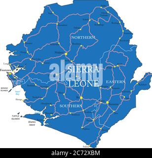 Highly detailed vector map of Sierra Leone  with administrative regions,main cities and roads. Stock Vector