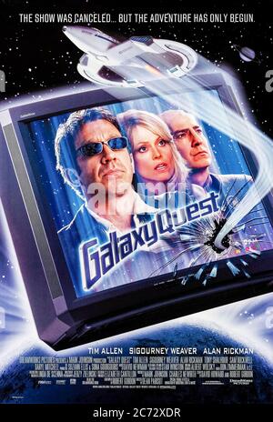 Galaxy Quest (1999) directed by Dean Parisot and starring Tim Allen, Sigourney Weaver, Alan Rickman and Sam Rockwell. Aliens kidnaps the actors from a long running science fiction television series expecting them to man a real spacecraft and save them. Stock Photo