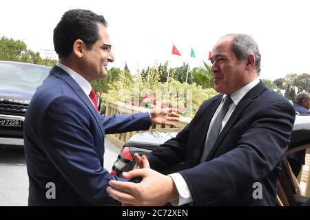 Tunis, Tunisia. 13th July, 2020. Tunisian Foreign Minister Noureddine Erray (L) welcomes Algerian Foreign Minister Sabri Boukadoum in Tunis, Tunisia, on July 13, 2020. Credit: Adel Ezzine/Xinhua/Alamy Live News Stock Photo