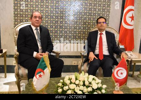 Tunis, Tunisia. 13th July, 2020. Tunisian Foreign Minister Noureddine Erray (R) meets with Algerian Foreign Minister Sabri Boukadoum in Tunis, Tunisia, on July 13, 2020. Credit: Adel Ezzine/Xinhua/Alamy Live News Stock Photo