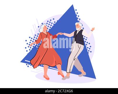Senior couple dancing on abstract background. Cartoon elderly people in retirement. Age-old pensioners happy together illustration. Mature love isolated vector. Fun romantic hobby, cheerful family. Stock Vector