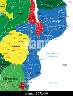 Highly detailed vector map of Mozambique with administrative regions, main cities and roads. Stock Vector