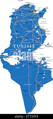 Highly detailed vector map of Tunisia with administrative regions, main cities and roads. Stock Vector