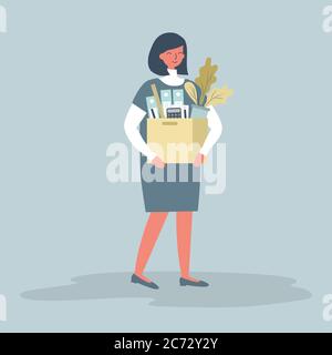 Office worker with a box of stationery in the hands. Smiling young woman holding office supplies. Concept: the employee received a new job. Flat Stock Vector