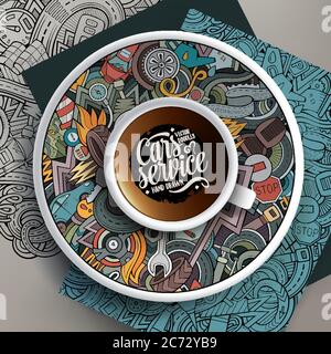 Cup of coffee and Automobile doodles on a saucer, on paper and on the background Stock Vector