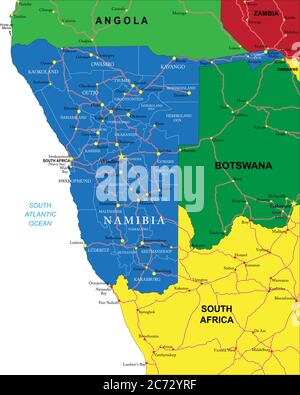 Highly detailed vector map of Namibia with administrative regions, main cities and roads. Stock Vector