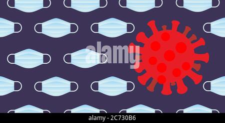 Virus or bacteria floating over tile pattern of earloop facemask. Background for social or webgraphic or poster design. Stock Vector