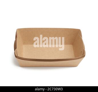 brown rectangular craft paper plate isolated on white background, top view. Concept of the absence of non-recyclable garbage, rejection of plastic Stock Photo