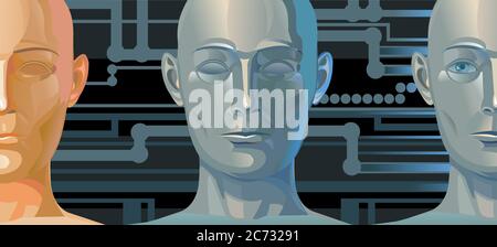 Artificial intelligence head. Vector. The face of a humanoid metal robot without emotion. Cloning: creating a clone of people. Fantasy illustration. Stock Vector