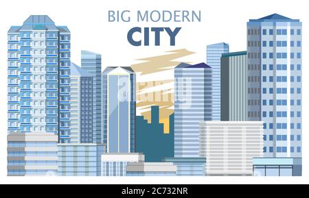 Large modern beautiful city. Center. Residential neighborhoods and business district. Offices, hotels, apartments. Vector illustration. Isolated objec Stock Vector