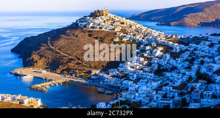 Traditional Greece - beautiful Astypalea island.Dodecanese.  View of Chora village over sunset Stock Photo