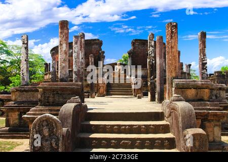 Sri Lanka travel and landmarks -  ancient city of Polonnaruwa, UNESCO World Heritage Site. Buddha statue in Vatadage temple Stock Photo
