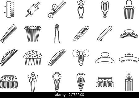Girl barrette icons set. Outline set of girl barrette vector icons for web design isolated on white background Stock Vector