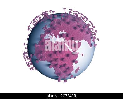 The planet earth transform to virus on isolated white background. 3d illustration for corona virus or COVID-19 attack the world. Stock Photo