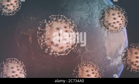 Virus cells and earth. Coronavirus Covid-19 outbreak global pandemic Stock Photo