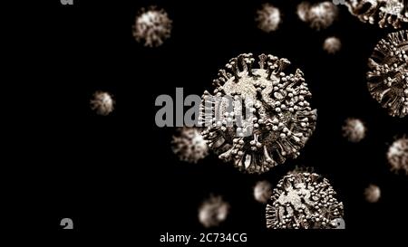 Virus cells on black background. Coronavirus Covid-19 3D illustration Stock Photo