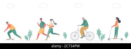 People activities in park. Men and women run, ride a bicycle, on an electric scooter and on a skateboard. There is also plants and clouds in the image Stock Vector