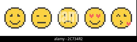 Cute pixel emoticons. Set of Emoji. Smile icons. Pixel art vector illustration. Stock Vector
